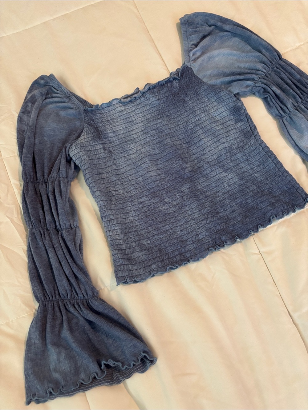 Rewash Slate Blue Smocked Square-Neck Crop Top with Tiered Balloon Sleeves